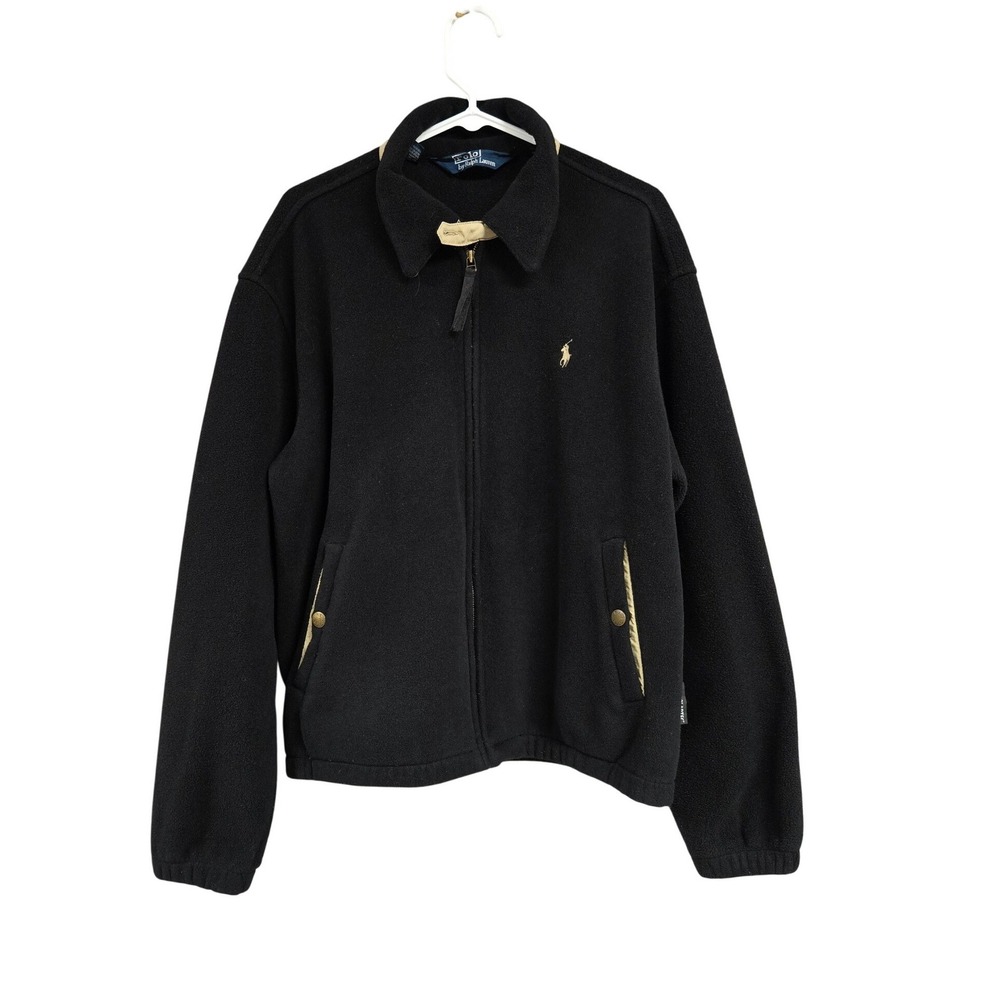 Polo Ralph Lauren Fleece Full Zip Bomber Jacket Tan Pony Logo Black Men's Sz L